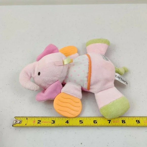 Carters Plush Elephant Baby Toy Pink Rattle Teether Crinkle Flat - Picture 7 of 8